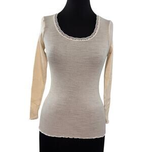 Monoprix Ivory Layering Top Wool Lace Trim Scoop Ribbed Knit Pullover Sz S Small